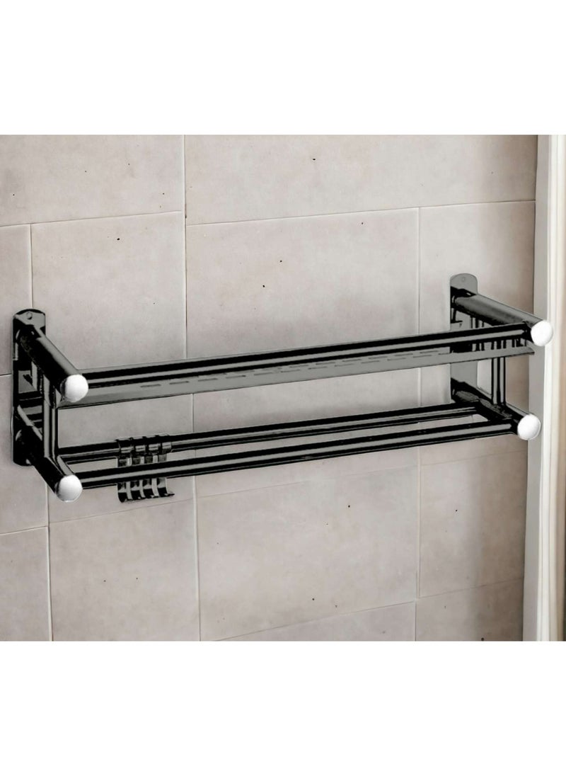 Washroom Rack Towel Hanger Wall Hanging Caddy Space Saving Bathroom Drill Installation Stainless Steel Towel Rack Shelf Wall Mount Shelf With Hooks Black