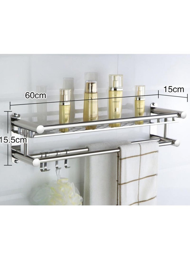 Washroom Rack Towel Hanger Wall Hanging Caddy Space Saving Bathroom Drill Installation Stainless Steel Towel Rack Shelf Wall Mount Shelf With Hooks Black