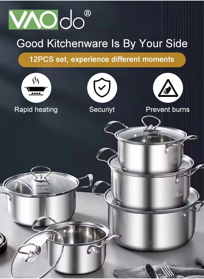 10 PCS Stainless Steel Cooking Pot Set  with Tempered Glass Lid and Double Handles Compatible with Induction Electric Gas Cooktops Cookware Set