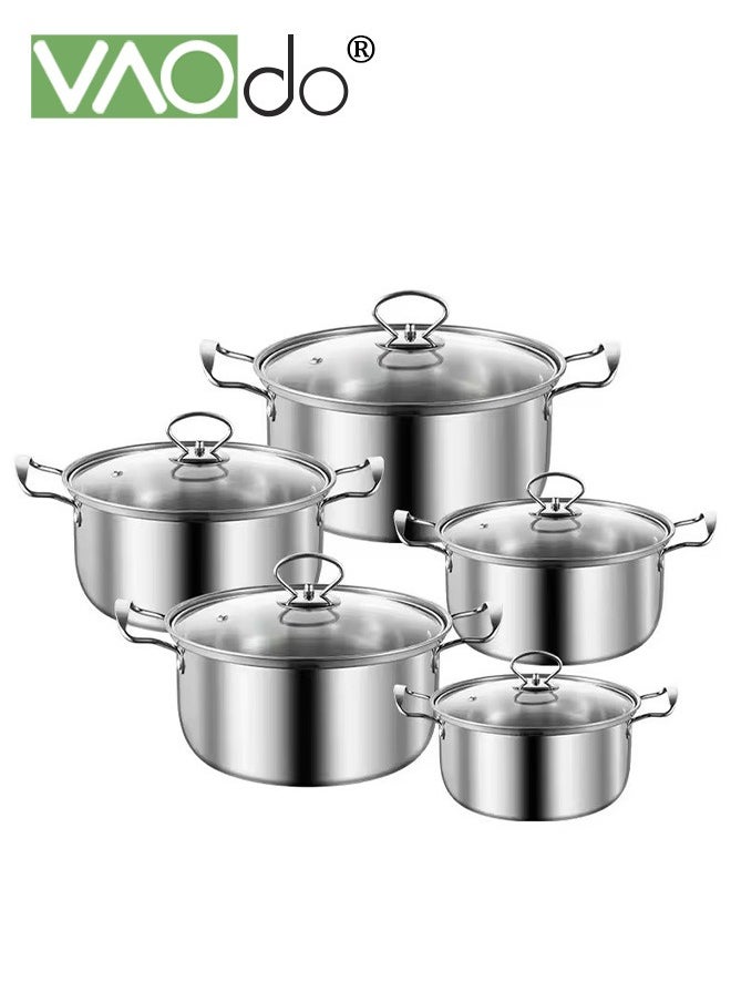 10 PCS Stainless Steel Cooking Pot Set  with Tempered Glass Lid and Double Handles Compatible with Induction Electric Gas Cooktops Cookware Set