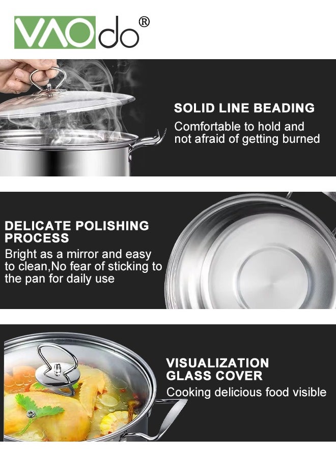 10 PCS Stainless Steel Cooking Pot Set  with Tempered Glass Lid and Double Handles Compatible with Induction Electric Gas Cooktops Cookware Set