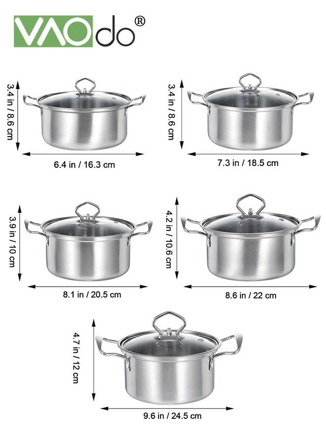 10 PCS Stainless Steel Cooking Pot Set  with Tempered Glass Lid and Double Handles Compatible with Induction Electric Gas Cooktops Cookware Set