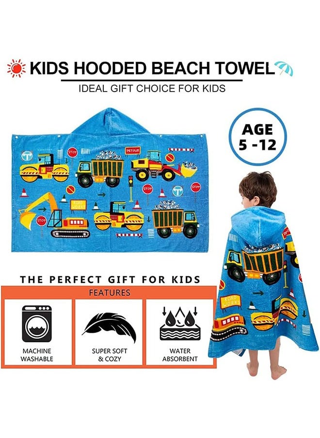 Kids Hooded Beach Bath Towel,Baby Surf Poncho Toddlers Soft Real Cotton Wrap Changing Robe for Boy Girl Shower/Beach/Pool Child Cover ups 127x76 CM Large Towel Wrap,Engineering Vehicle Pattern