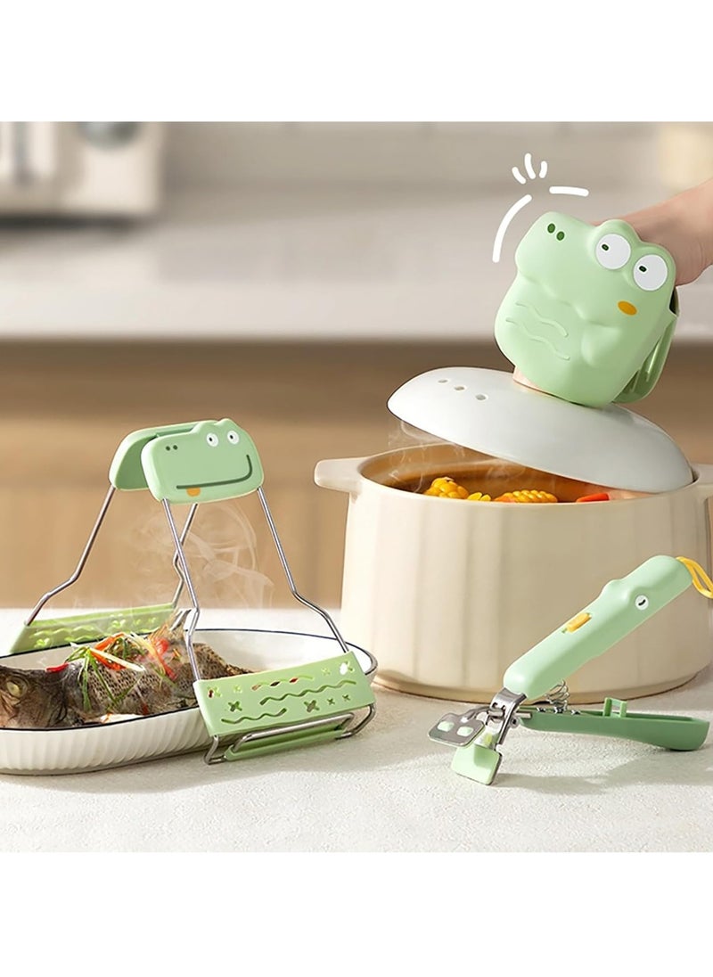 3-Pack Cartoon Cute Kitchen Goodies, Scald-Proof Heat-Insulating Gloves, Bowl Clamp, Heat-Insulating Pad Plate Lifter (Green Little Dinosaur Set)