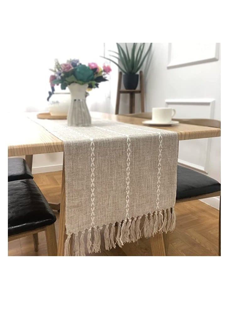 Braided Farmhouse Table Runner, Cotton Linen Boho Table Runner, Vintage Woven Table Runner, Cotton Linen Table Decorations with Tassel for Dining Party Holiday Braided Desert Sage 13 x 70''