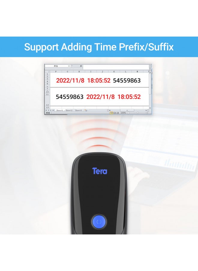 Tera Pro Extreme Performance Wireless 1D 2D QR Barcode Scanner Mini Portable Small 3-in-1 Compatible with Bluetooth & 2.4G Wireless & USB Wired Pocket Handheld Time Stamp Bar Code Reader Model 1300