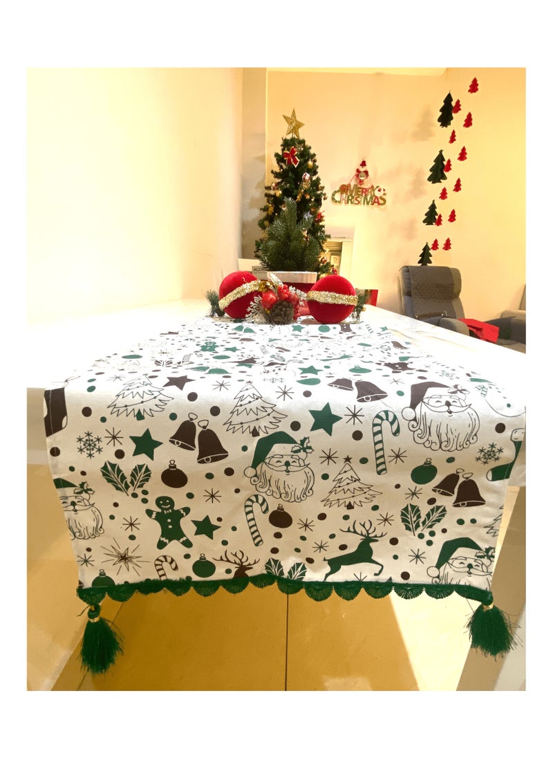 Zebees Christmas Themed Decorative Table Runner with Lace & Tassels, 210 cm x 35 cm, Green, White, Brown, Cotton, Create a Christmas ambience in your Home