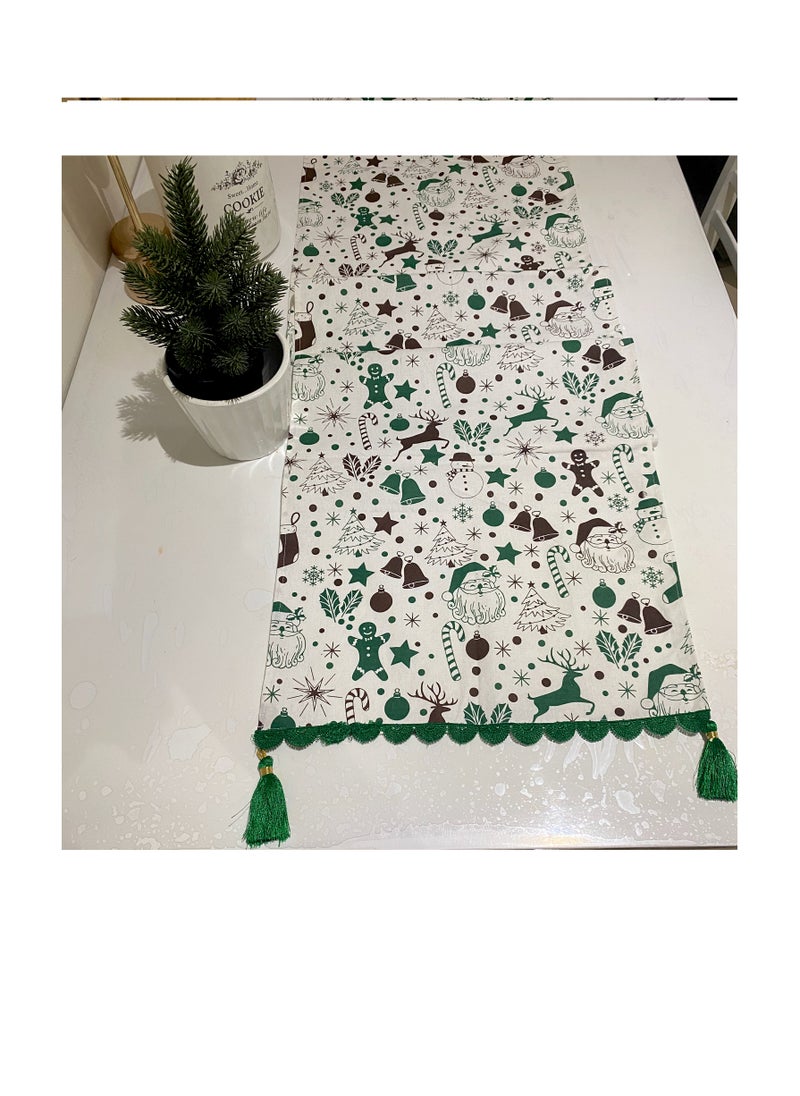 Zebees Christmas Themed Decorative Table Runner with Lace & Tassels, 210 cm x 35 cm, Green, White, Brown, Cotton, Create a Christmas ambience in your Home