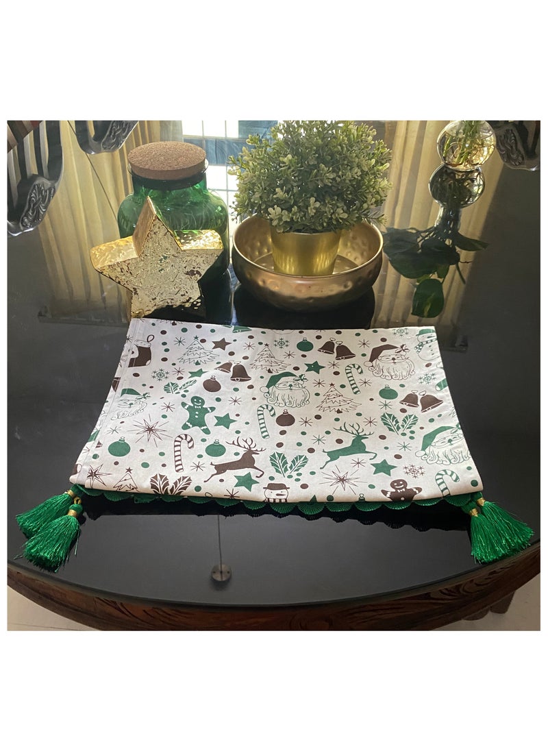 Zebees Christmas Themed Decorative Table Runner with Lace & Tassels, 210 cm x 35 cm, Green, White, Brown, Cotton, Create a Christmas ambience in your Home