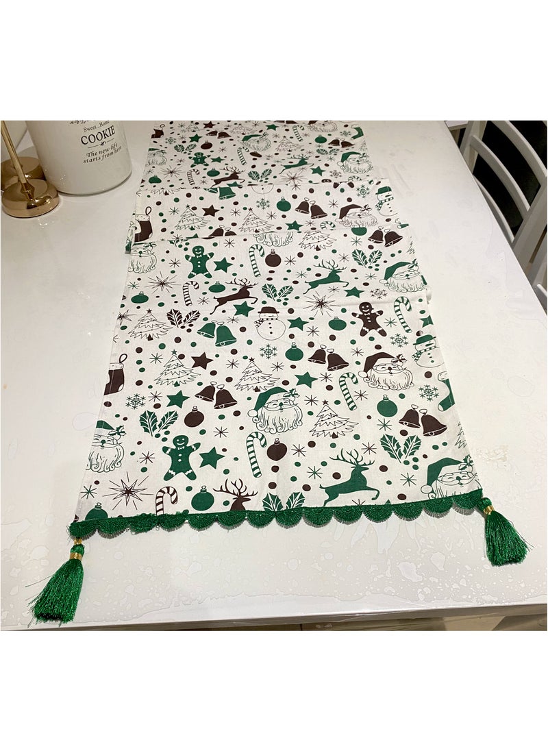 Zebees Christmas Themed Decorative Table Runner with Lace & Tassels, 210 cm x 35 cm, Green, White, Brown, Cotton, Create a Christmas ambience in your Home