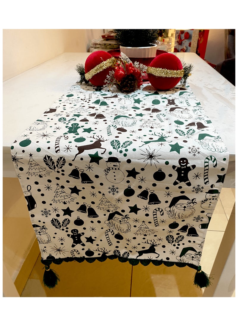 Zebees Christmas Themed Decorative Table Runner with Lace & Tassels, 210 cm x 35 cm, Green, White, Brown, Cotton, Create a Christmas ambience in your Home