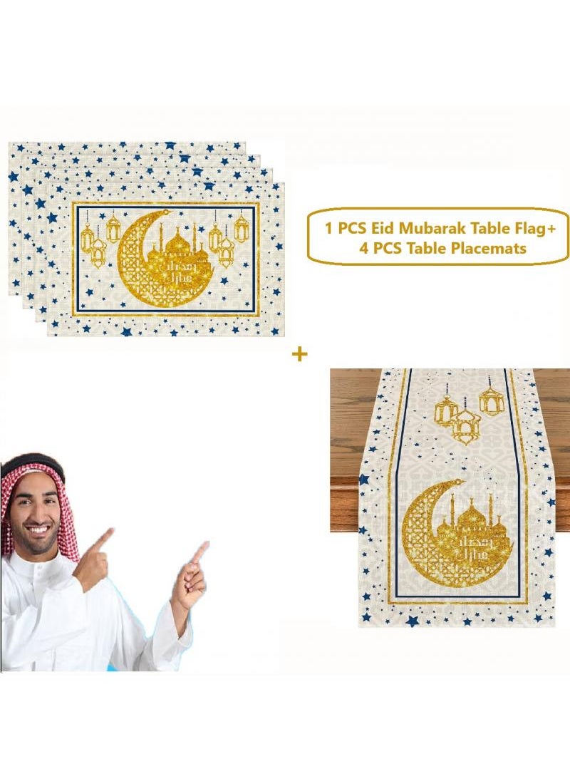 1 PCS Eid Mubarak Table Flag + 4 PCS Table Placemats Ramadan Kareem Table Decorations Star Moon Lantern Ramadan Decor Sets For Dining Supply