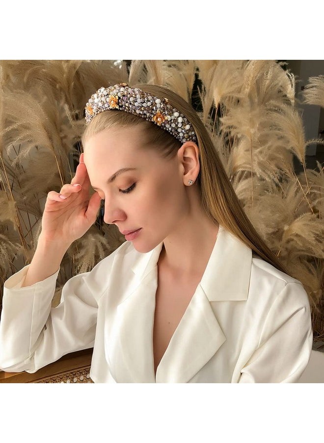 Multicolor Elegant Velvet Wide Headbands Vintage Hairband With Crystal Beads Shining Fashion Flower Pearl Hair Hoops For Women And Girls Pack Of 1 (Multicolor)