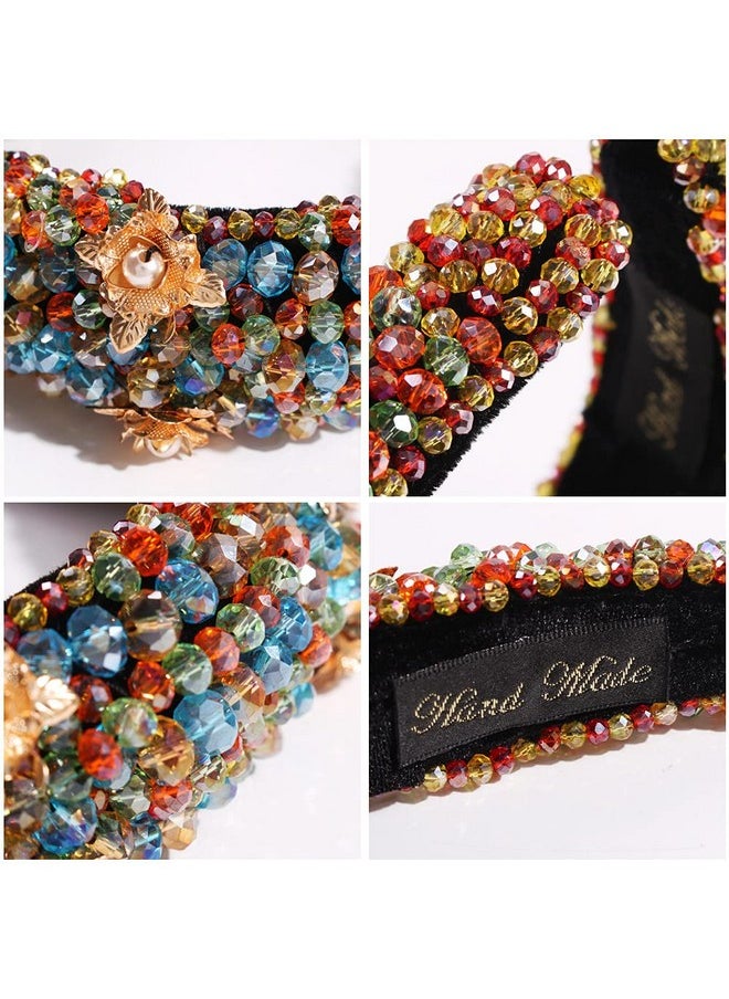 Multicolor Elegant Velvet Wide Headbands Vintage Hairband With Crystal Beads Shining Fashion Flower Pearl Hair Hoops For Women And Girls Pack Of 1 (Multicolor)