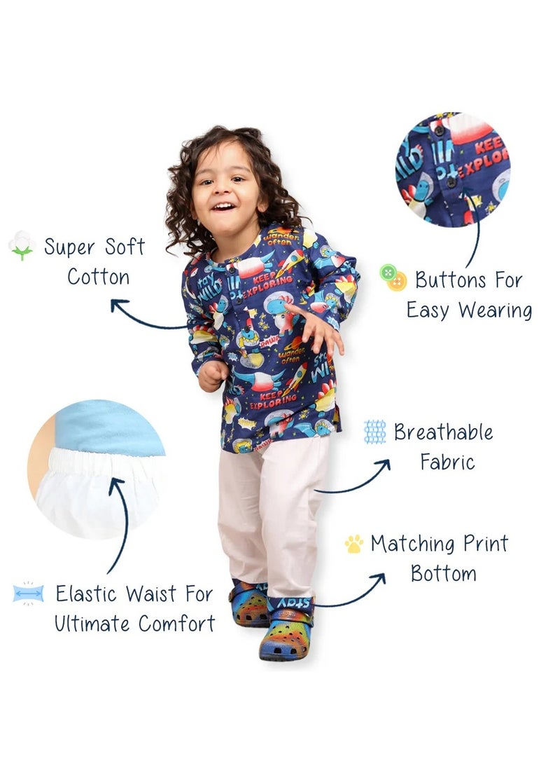 Polka Tots Full Sleeves Night Wear Space Kurta Pyjama - Blue