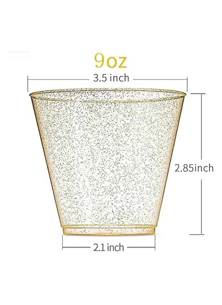 25Pcs Golden Plastic Cups,Transparent Plastic Cups, Disposable Golden Sparkling Plastic Cups, Suitable for Weddings, Birthdays, Holidays, Parties（270ml）