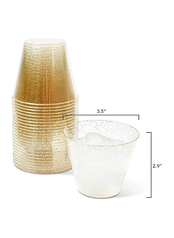 25Pcs Golden Plastic Cups,Transparent Plastic Cups, Disposable Golden Sparkling Plastic Cups, Suitable for Weddings, Birthdays, Holidays, Parties（270ml）