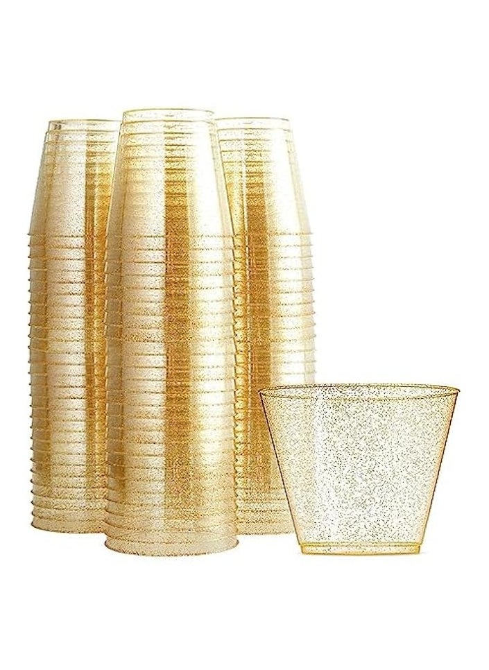 25Pcs Golden Plastic Cups,Transparent Plastic Cups, Disposable Golden Sparkling Plastic Cups, Suitable for Weddings, Birthdays, Holidays, Parties（270ml）