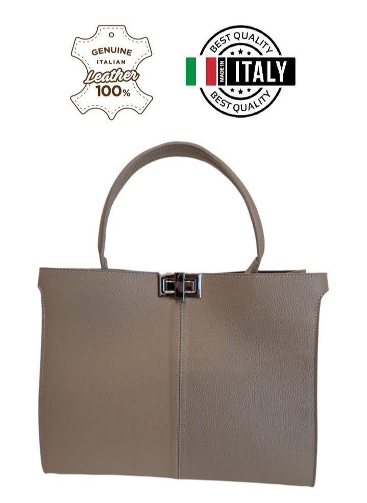 Lightweight Genuine Real Calf Leather Woman's Beige Handbag, Made In Italy