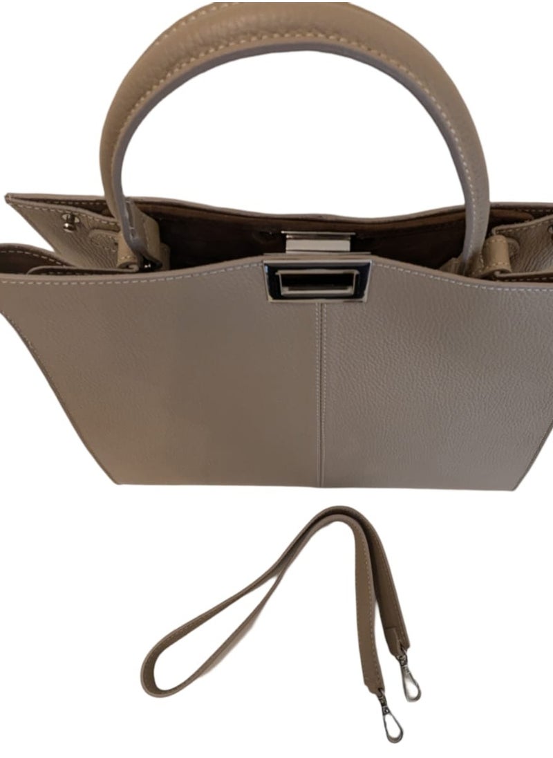 Lightweight Genuine Real Calf Leather Woman's Beige Handbag, Made In Italy