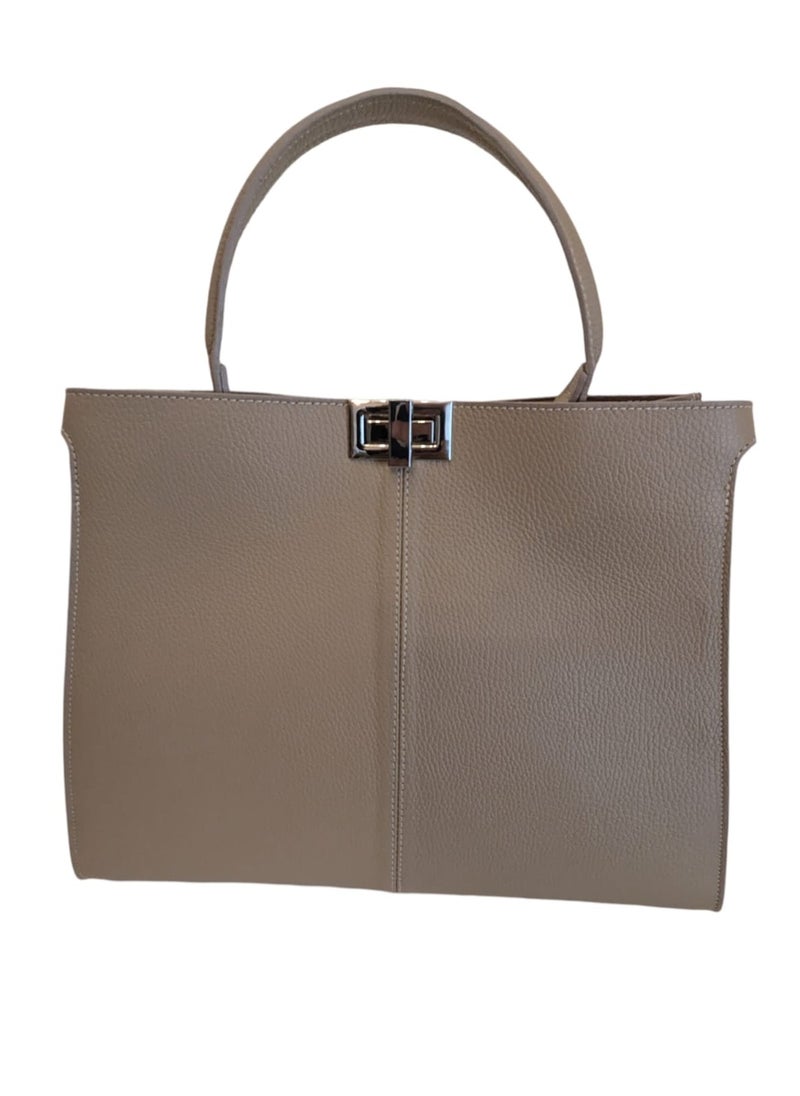 Lightweight Genuine Real Calf Leather Woman's Beige Handbag, Made In Italy