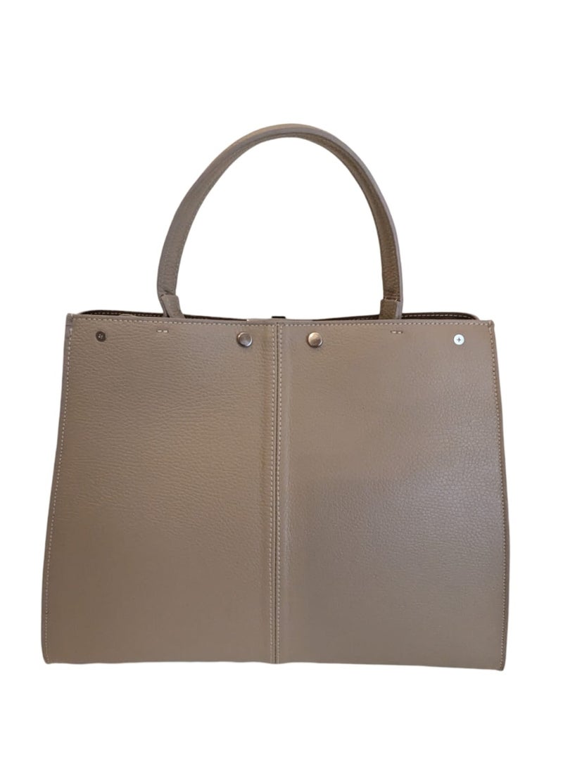 Lightweight Genuine Real Calf Leather Woman's Beige Handbag, Made In Italy