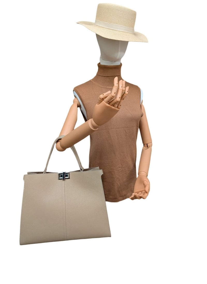 Lightweight Genuine Real Calf Leather Woman's Beige Handbag, Made In Italy