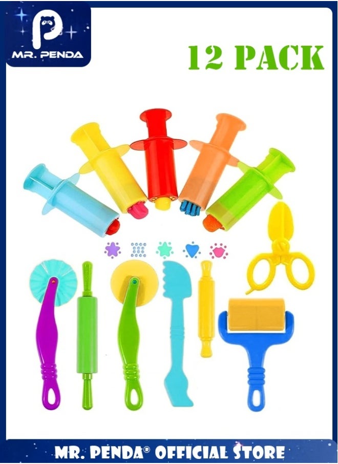 12 PCS Play Dough Tools Kit with Dough Extruders, Dough Scissors, Playdough Rollers and Cutters, Plastic Playdough Tools for Kids (Random Color)