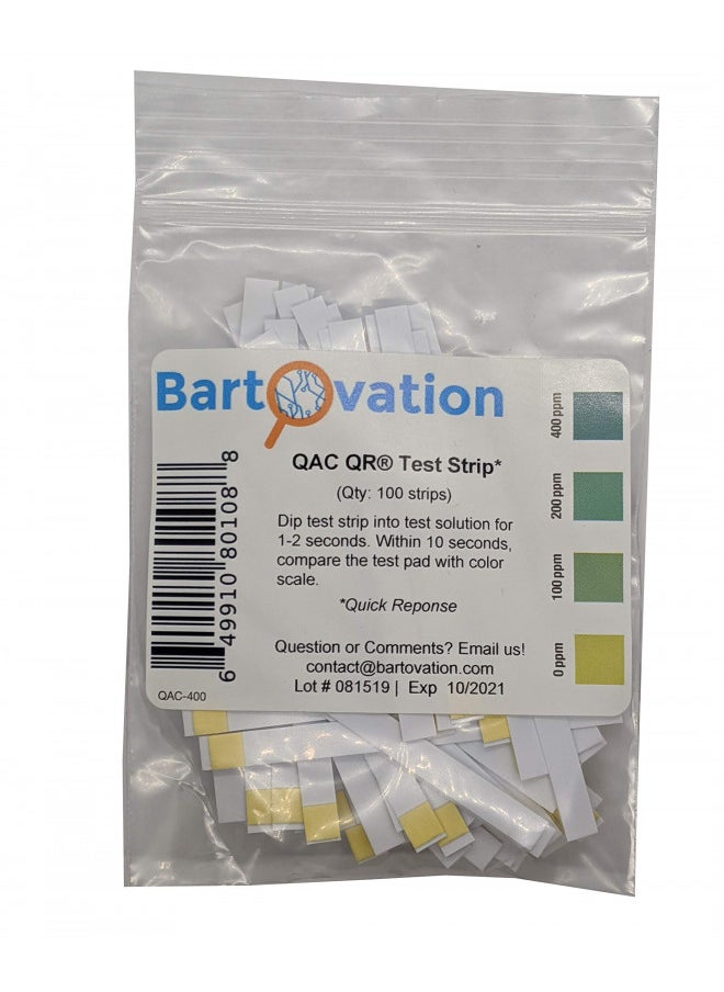 Restaurant Quaternary Ammonium (QAC, Multi Quat) Sanitizer Test Strips, 0-400 ppm [Bag of 100 Plastic Strips]