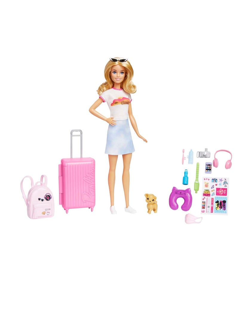 Doll and Accessories, 'Malibu' Travel Set with Puppy and 10+ Pieces Including Working Suitcase