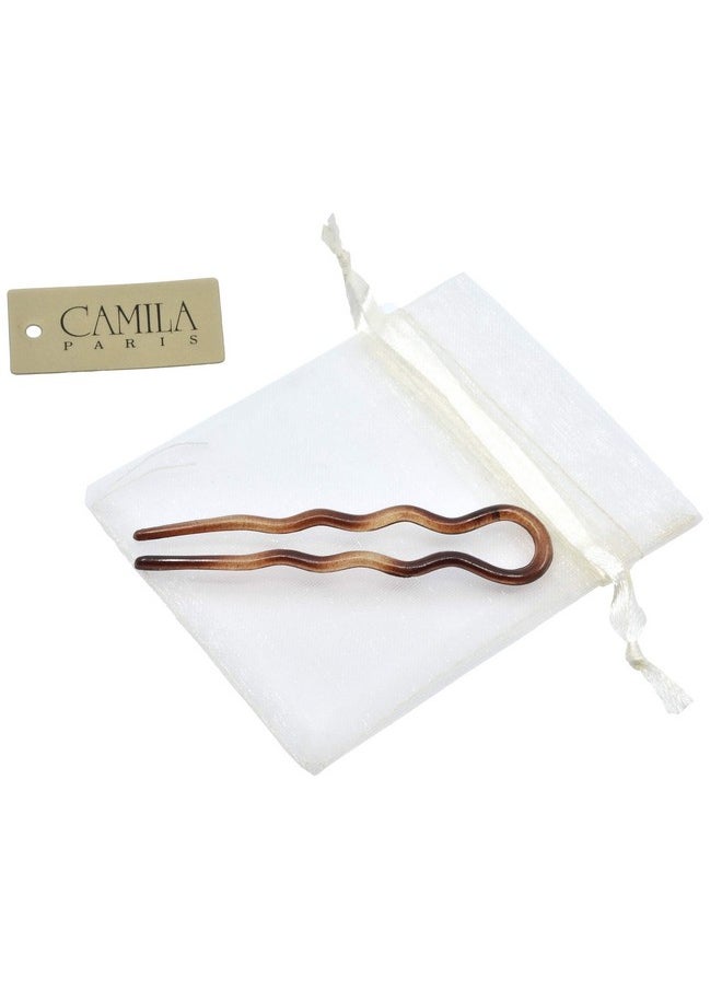 Camila Paris AD824 French Twist Stick Hair Fork, 2 Medium Wavy U Shaped Hair Pin Clip for Spiral Updo and Bun, Tortoise Shell, Fashion Flexible Styling Hair Accessories for Women, Made in France