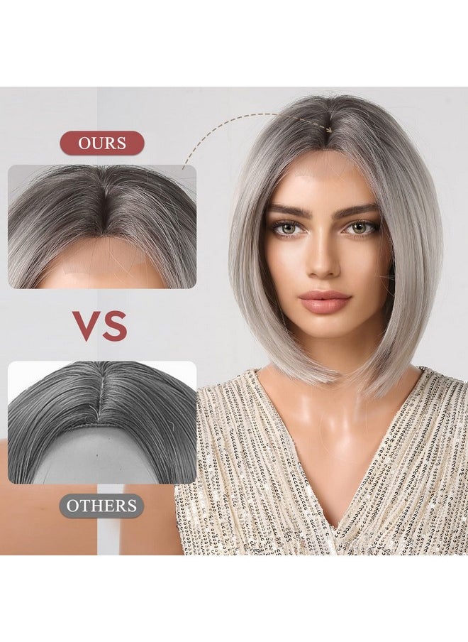 Alanhair Gray Ombre Sliver Straight Short Bob Synthetic Heat Resistant Fiber Wig for Women Middle Part Natural Looking Heat Resistant Fiber Nature Synthetic Wigs