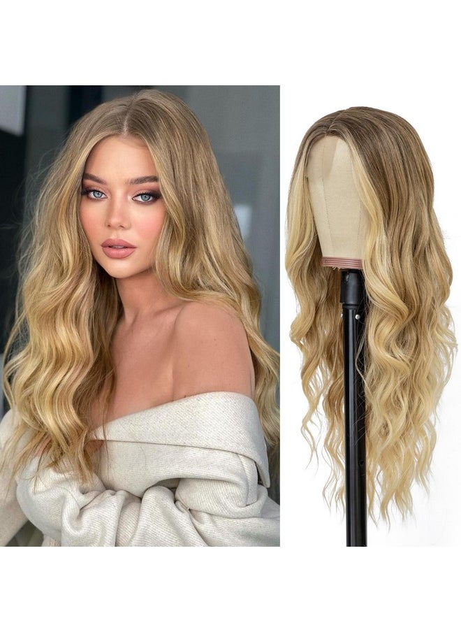 VERNA Blonde Wavy Wig with Bangs for Women, 26 Inch Long Blonde Wigs with Bangs for Women, Natural Looking Curly Blonde Wig, Heat Resistant Synthetic Wig, Middle Part Ombre Blonde Wavy wig for Daily