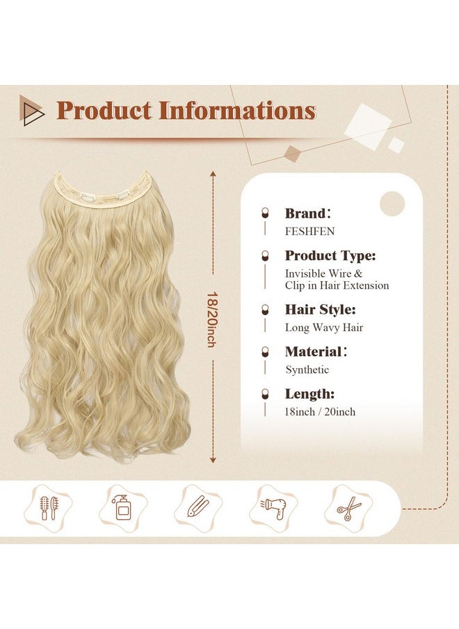 FESHFEN Invisible Wire Hair Extensions with Transparent Wire Synthetic Hair Piece Long Wavy Secret Headband Hairpieces for Women 20 inch Dark Golden Mix Beige Blonde