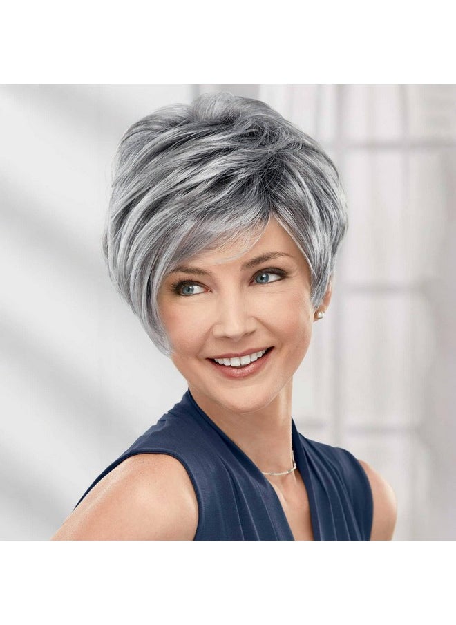 Creamily Pixie Cut Short Grey Wigs with Bangs Natural Fluffy Synthetic Hair Wigs for Women Gray Hair Replacement Wigs Mommy Wig Short Hair Styles for Women Ladies Wgs