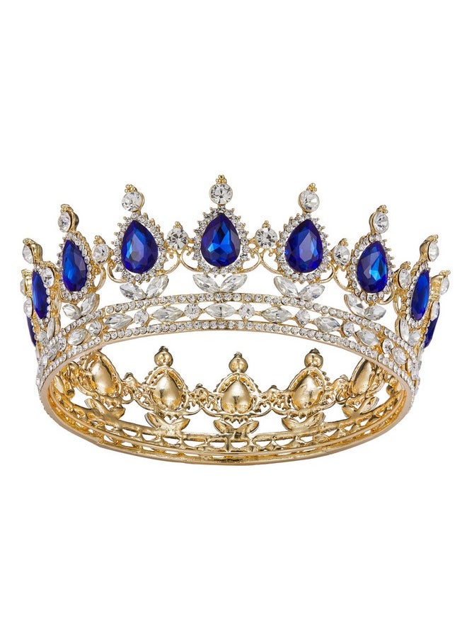 SWEETV Crystal Queen Crown for Women, Rhinestone Wedding Tiara Headband, Full Round Princess Crown Hair Accessories for Prom Birthday Costume Party, Royal Blue+Gold