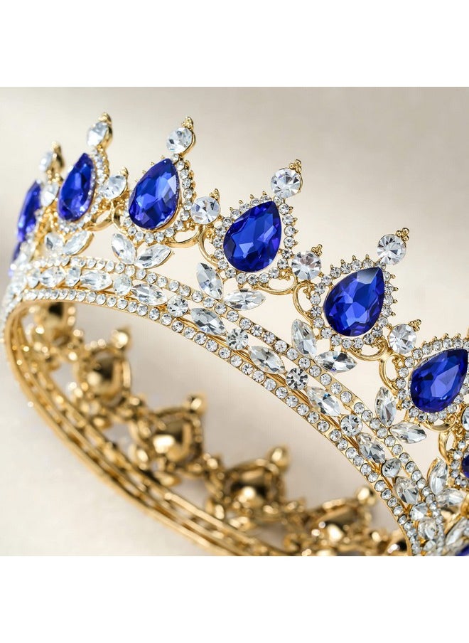 SWEETV Crystal Queen Crown for Women, Rhinestone Wedding Tiara Headband, Full Round Princess Crown Hair Accessories for Prom Birthday Costume Party, Royal Blue+Gold