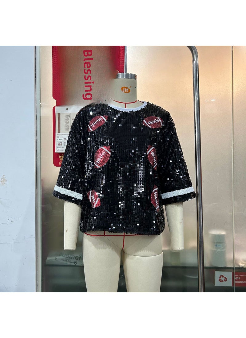 New Womens Sequin Top Casual Loose T-Shirt 3603 black red rugby