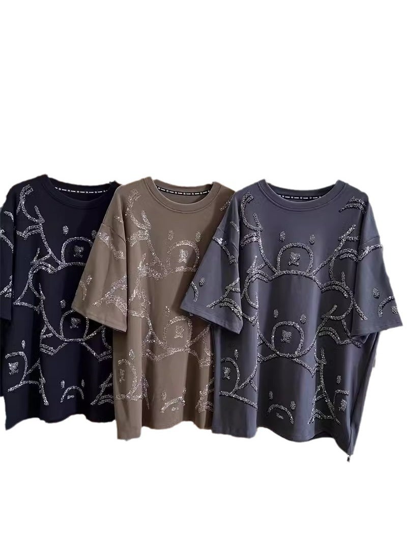 Plus Size 2-300kg Bear Rhinestone T-Shirt for Women Grey