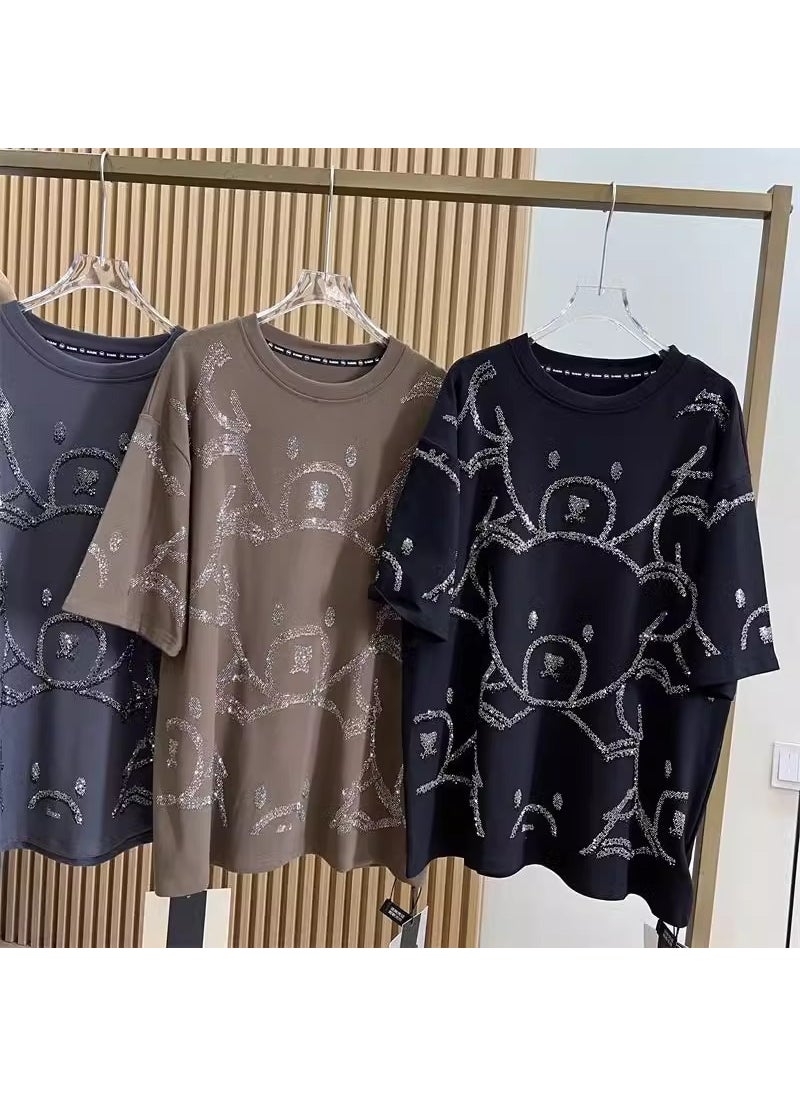 Plus Size 2-300kg Bear Rhinestone T-Shirt for Women Khaki