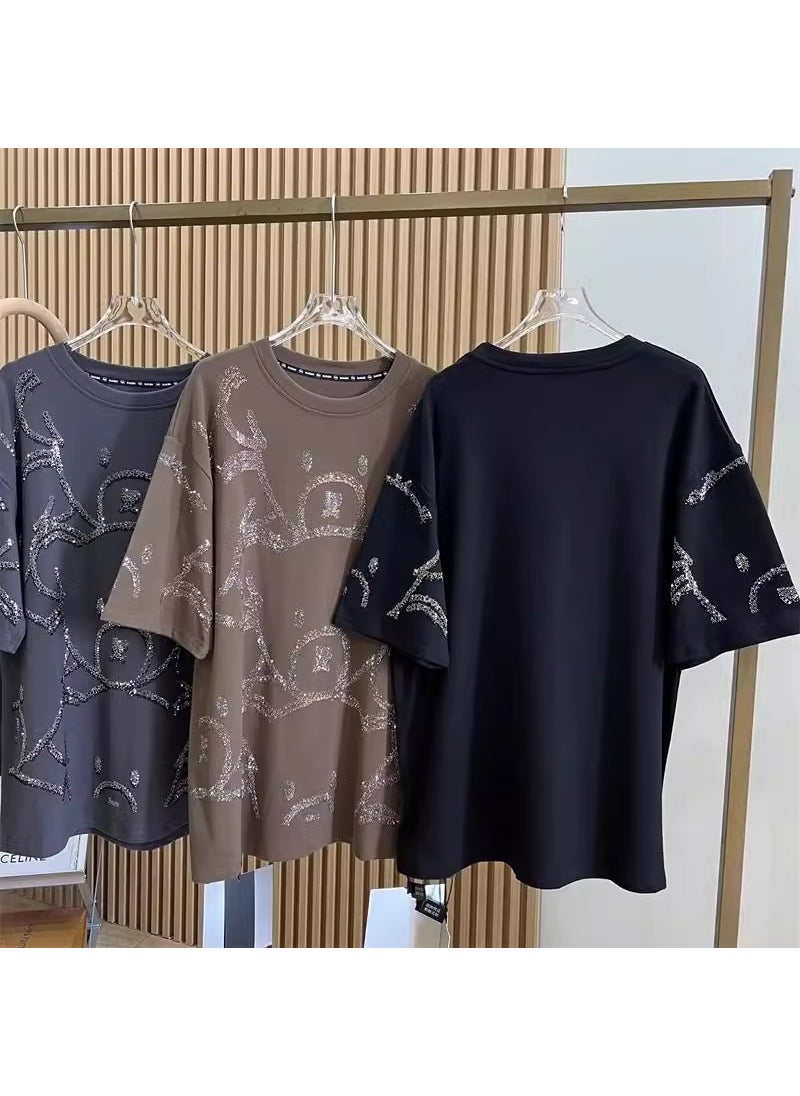 Plus Size 2-300kg Bear Rhinestone T-Shirt for Women Khaki