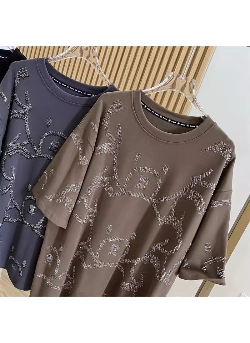 Plus Size 2-300kg Bear Rhinestone T-Shirt for Women Khaki