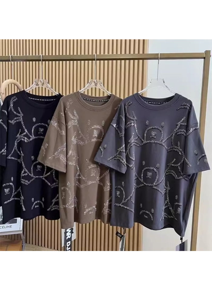 Plus Size 2-300kg Bear Rhinestone T-Shirt for Women Khaki