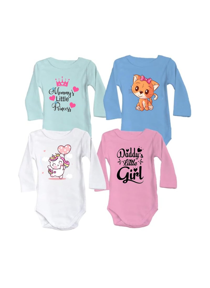 Baby Romper Set for Girls - Pack of 4 Long Sleeve Cotton Rompers - Cute Outfits for Newborns and Toddlers with Snap Closure - Gift for Baby Girls