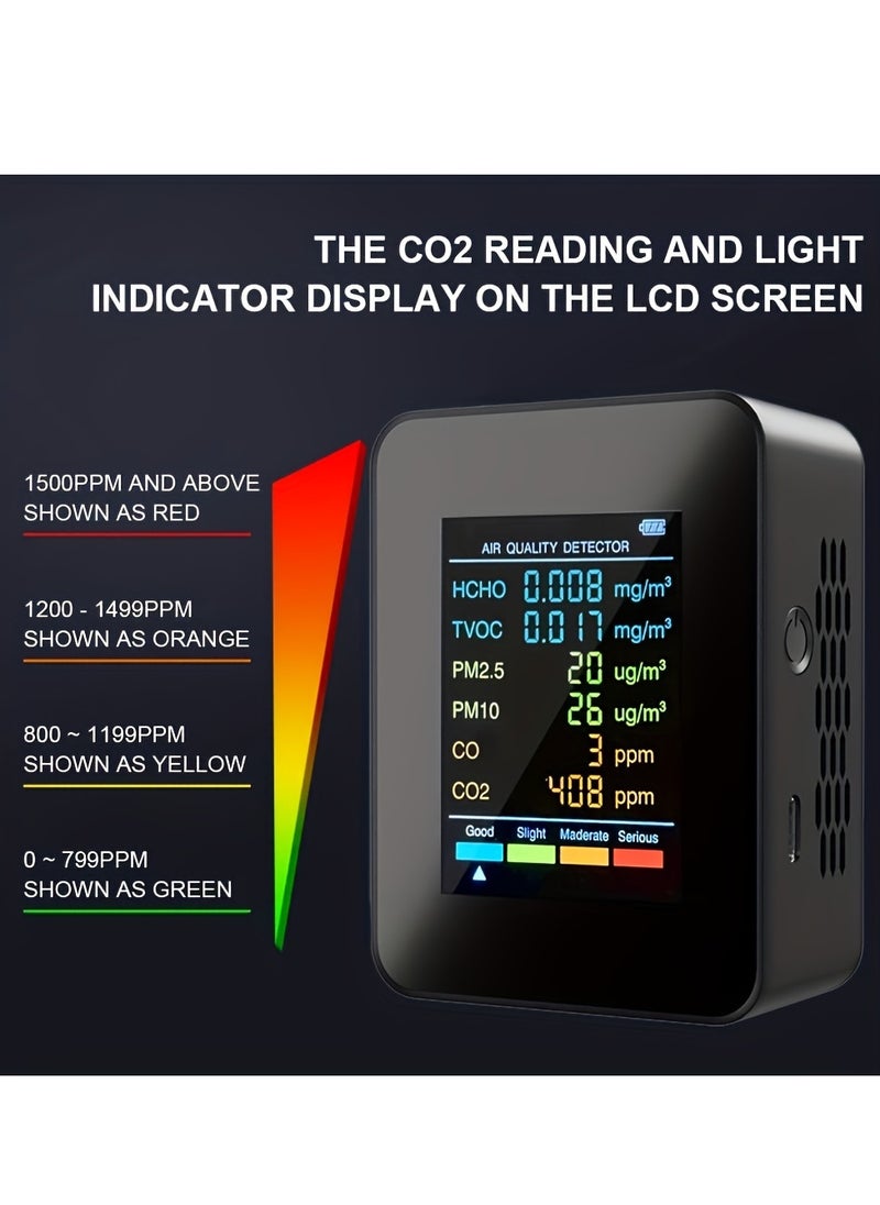 1pc 6-in-1 Premium Air Quality Monitor - Accurate CO2, CO, PM2.5, PM10, HCHO, TVOC Detector with Large LCD Display, Real-Time Gas Analyzer, and Advanced CO2 Sensor Technology for Home and Office Use