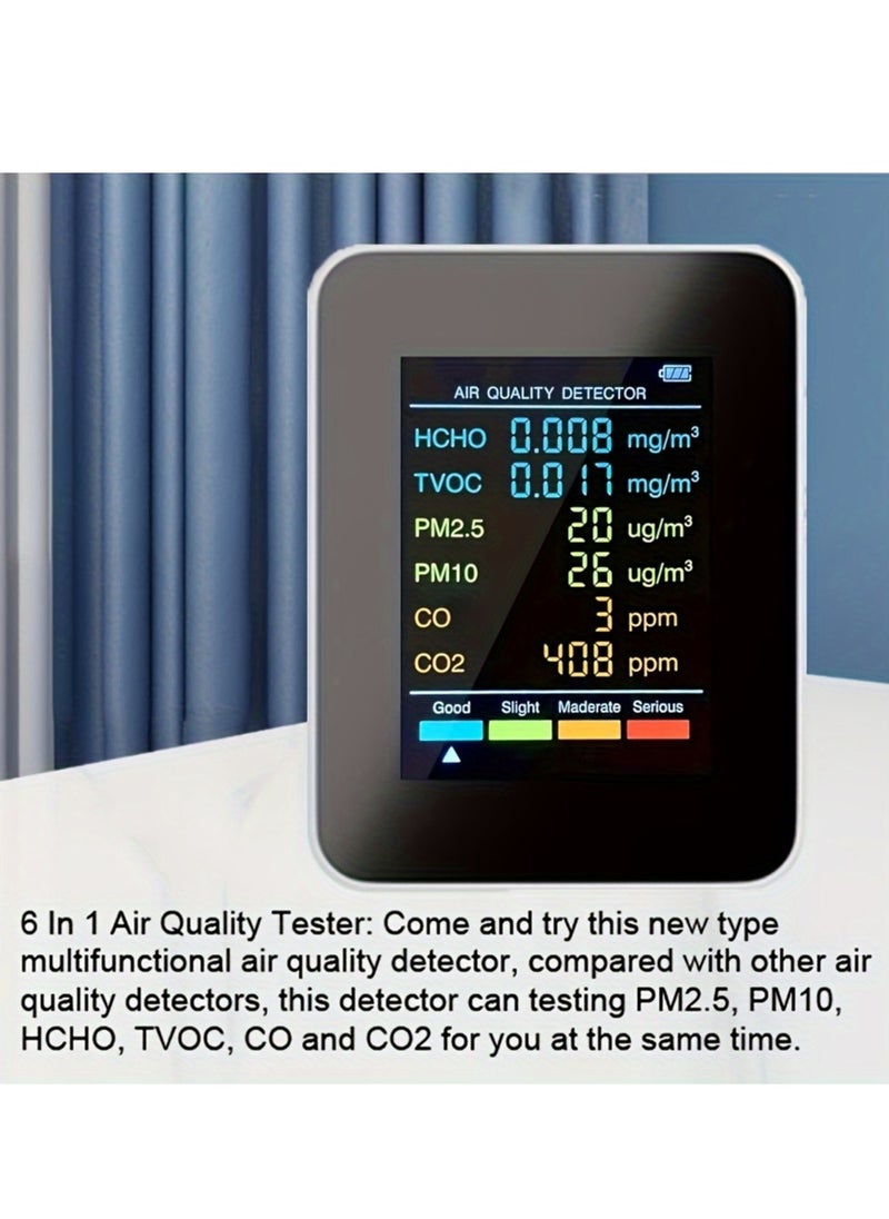 1pc 6-in-1 Premium Air Quality Monitor - Accurate CO2, CO, PM2.5, PM10, HCHO, TVOC Detector with Large LCD Display, Real-Time Gas Analyzer, and Advanced CO2 Sensor Technology for Home and Office Use