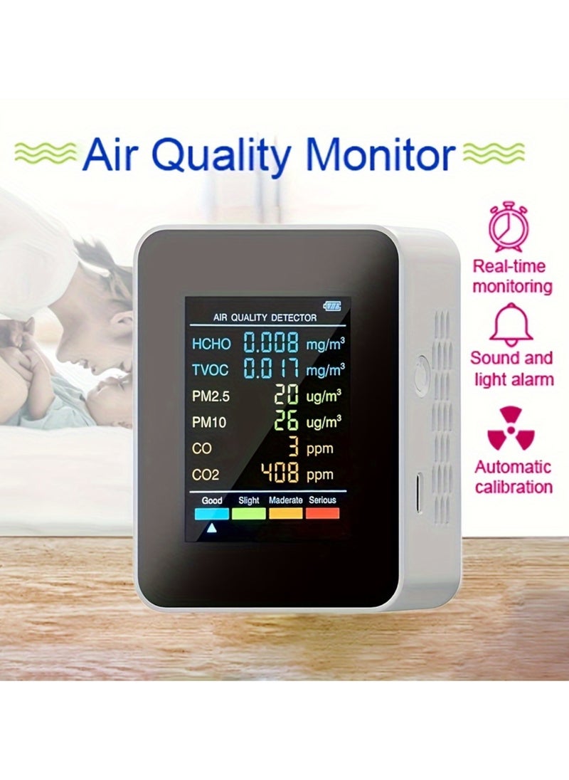 1pc 6-in-1 Premium Air Quality Monitor - Accurate CO2, CO, PM2.5, PM10, HCHO, TVOC Detector with Large LCD Display, Real-Time Gas Analyzer, and Advanced CO2 Sensor Technology for Home and Office Use