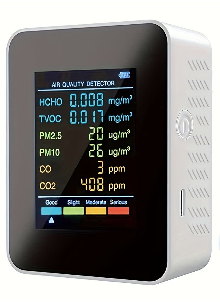 1pc 6-in-1 Premium Air Quality Monitor - Accurate CO2, CO, PM2.5, PM10, HCHO, TVOC Detector with Large LCD Display, Real-Time Gas Analyzer, and Advanced CO2 Sensor Technology for Home and Office Use