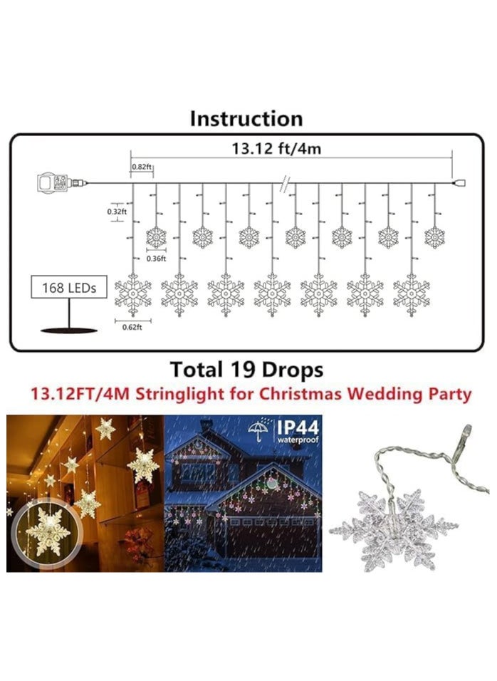 Christmas Snowflake String Lights 13.12ft/4M LED Snowflake Icicle Lights with 19 Drops, 8 Modes Connectable Window Curtain Fairy Light for Bedroom/Wedding/Party (Warm White, Solar Power)