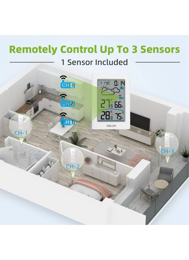 BALDR Indoor Outdoor Thermometer Wireless with Clock, Battery Powered Weather Station Indoor Outdoor, Portable Outside Temperature Monitor for Home Patio